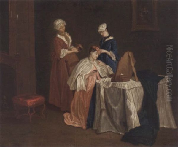 A Lady At Her Toilet With Two Chambermaids Oil Painting by Etienne Jeaurat