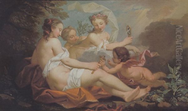 Amoretten, Diana Und Flora Entzunden Mit Einem Brennspiel Eine Fackel - Allegorie Des Feuers Oil Painting by Etienne Jeaurat