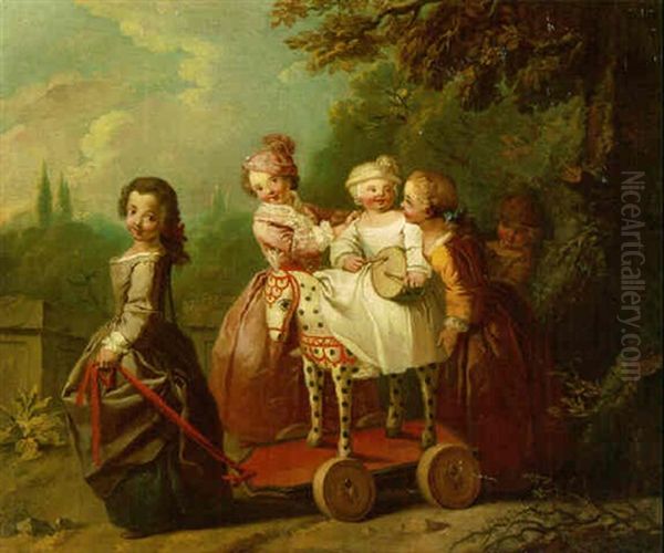 A Young Boy On A Hobbyhorse, With Other Children Playing On A Terrace In A Garden Oil Painting by Etienne Jeaurat