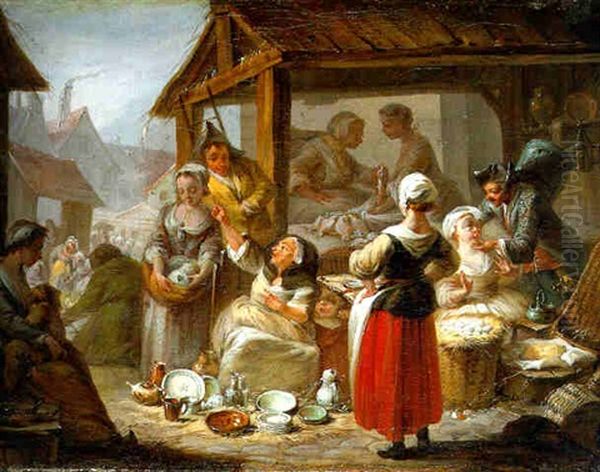 A Country Market With Peasants Trading Fish, Eggs, And Pottery From A Village Stall Oil Painting by Etienne Jeaurat