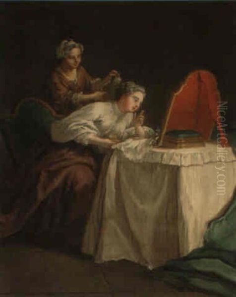 A Lady With Her Maid At Her Dressing Table Oil Painting by Etienne Jeaurat