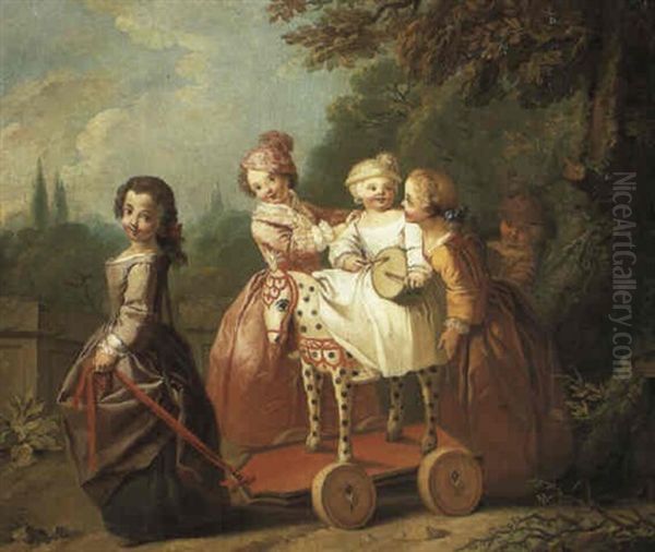 Young Boy On A Hobbyhorse With Other Children Oil Painting by Etienne Jeaurat