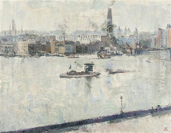 The Thames Near Battersea Bridge, London (1918) Oil Painting by Marcel Jefferys