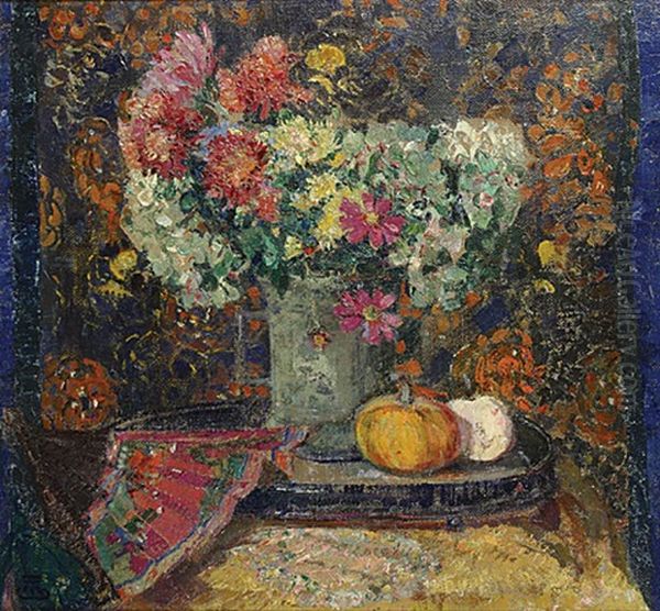 Stilleven Met Bloemen En Waaier Oil Painting by Marcel Jefferys