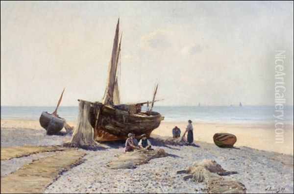 Verkkojen Selvittelya Rannalla - Utredning Av Nat Pa Stranden Oil Painting by Alexandr Semonovich Jegornov