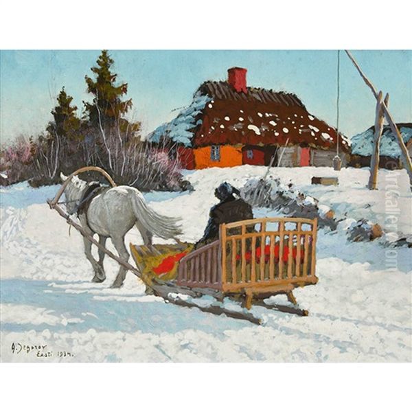 Sonnige Winterlandschaft Mit Pferdeschlitten Oil Painting by Andrei Afanasievich Jegorov