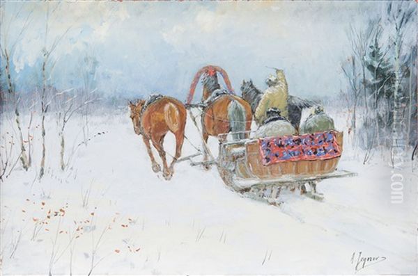 Sleigh In Winter Landscape Oil Painting by Andrei Afanasievich Jegorov