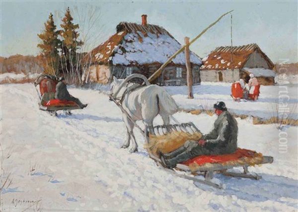 Winterwork At The Farm Oil Painting by Andrei Afanasievich Jegorov