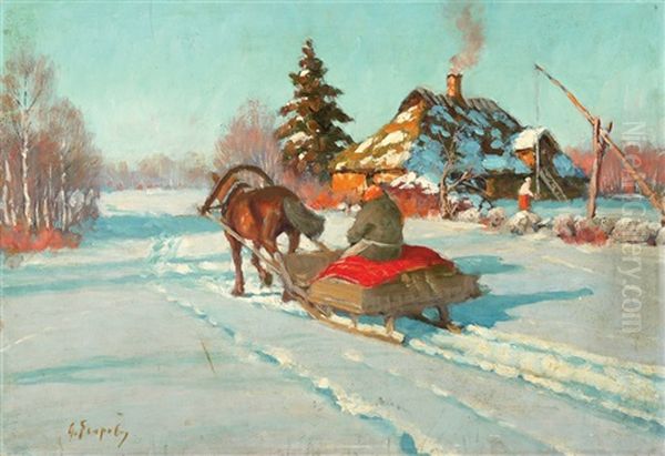 Carriage In Snow Oil Painting by Andrei Afanasievich Jegorov