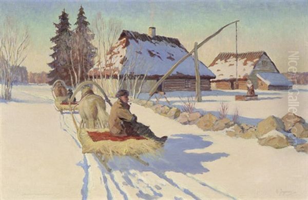 Verschneite Winterlandschaft Mit Pferdeschlitten In Einem Russichen Dorf Oil Painting by Andrei Afanasievich Jegorov