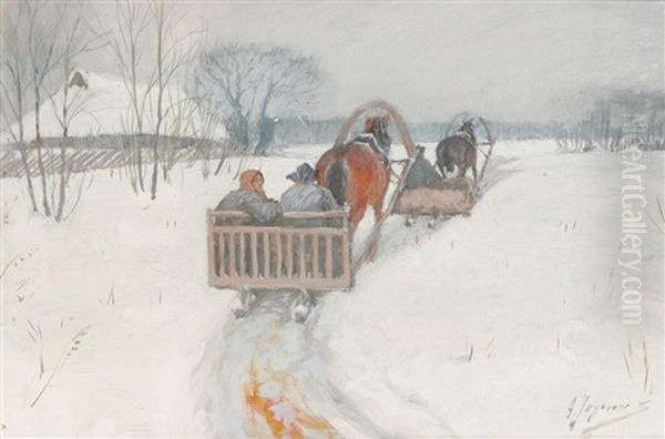 Two Horse-drawn Sleighs Following In The Snow Oil Painting by Andrei Afanasievich Jegorov