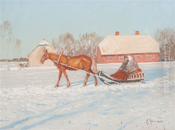 Horse-drawn Sleigh With Couple Oil Painting by Andrei Afanasievich Jegorov