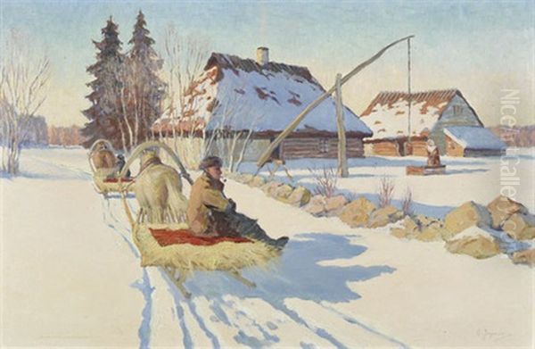 Winterlandschaft Mit Troika Oil Painting by Andrei Afanasievich Jegorov