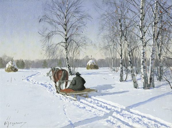 Verschneite Winterlandschaft Mit Russischem Bauern Auf Einem Pferdeschlitten Oil Painting by Andrei Afanasievich Jegorov