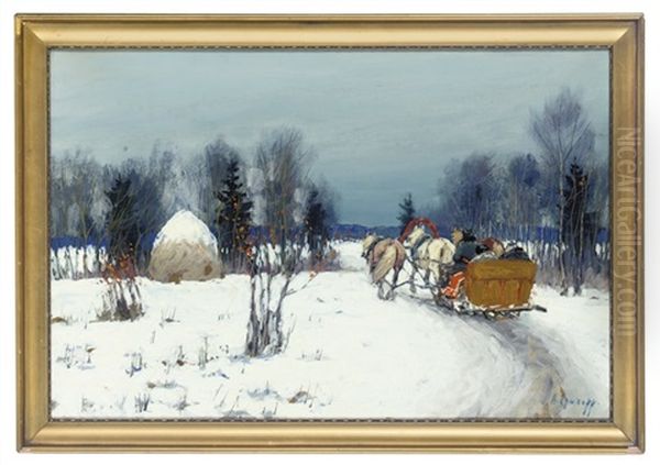 A Troika In The First Snow Oil Painting by Andrei Afanasievich Jegorov