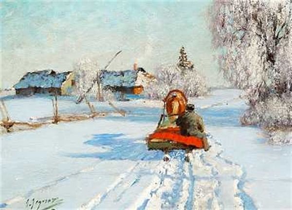 Horse-drawn Sledge In The Snow Oil Painting by Andrei Afanasievich Jegorov