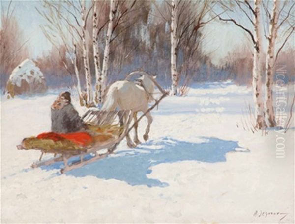 Pferdeschlitten Im Birkenhain Oil Painting by Andrei Afanasievich Jegorov