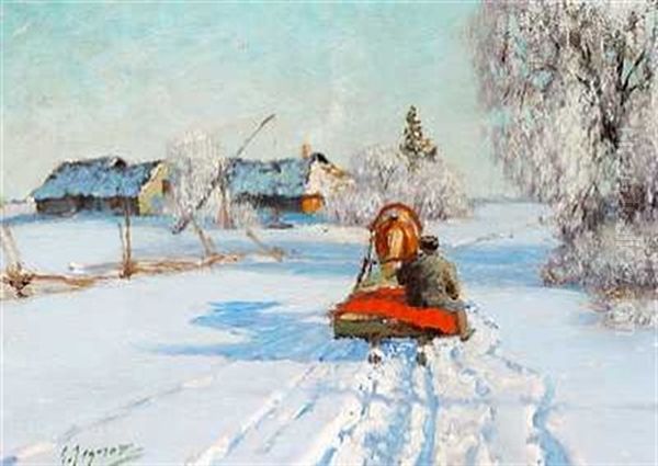 En Kusk Pa Hestentrukken Slaede I Et Solbeskinnet Vinterlandskab Oil Painting by Andrei Afanasievich Jegorov