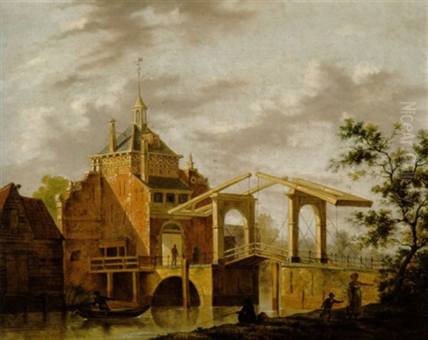 Zugbrucke Uber Dem Kanal Vor Dem Tor Einer Hollandischen Stadt Oil Painting by Johannes Jelgerhuis