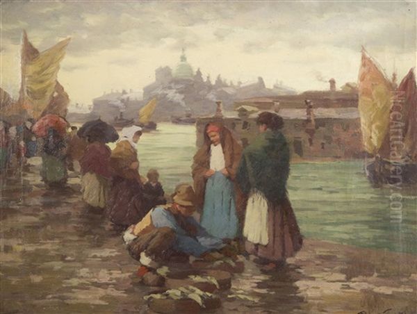 Market In Venice Oil Painting by Rudolph Jelinek