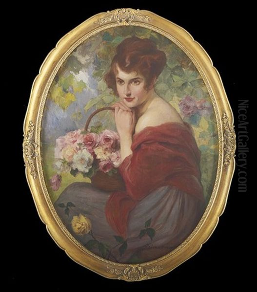 Oval Portrait Of A Girl With A Basket Of Flowers Oil Painting by Rudolph Jelinek