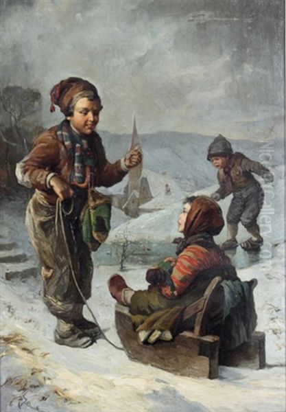 Kinder Beim Schlittenfahren Oil Painting by Rudolph Jelinek