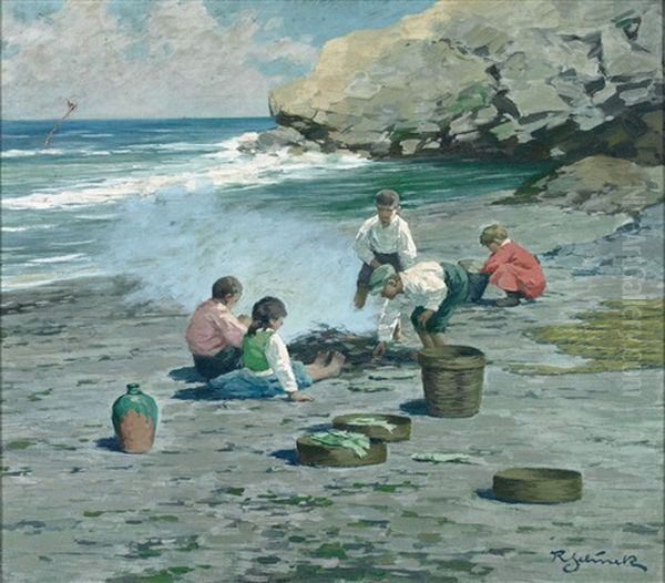 Spielende Kinder Am Strand Oil Painting by Rudolph Jelinek