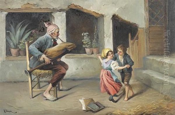 Bauer Mit Dudelsack Und Zwei Tanzenden Kindern Oil Painting by Rudolph Jelinek