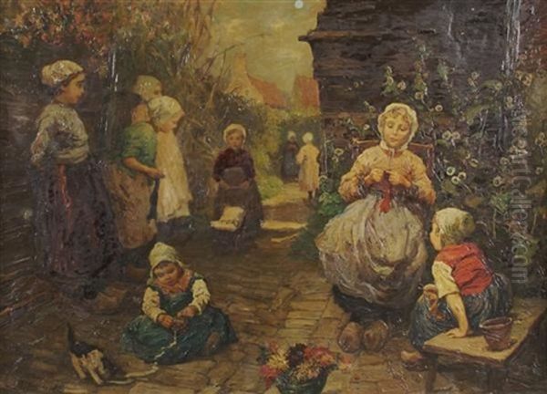 Young Children Playing In A Courtyard Oil Painting by Rudolph Jelinek