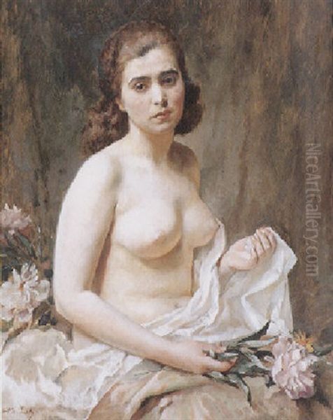 Halbfigurlicher Akt Einer Jungen Frau Mit Pfingstrosen Oil Painting by Rudolph Jelinek