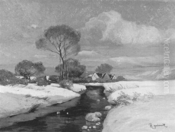 Sonnige Winterlandschaft Mit Bach, Dorf Und Bergen Rechts Oil Painting by Rudolph Jelinek