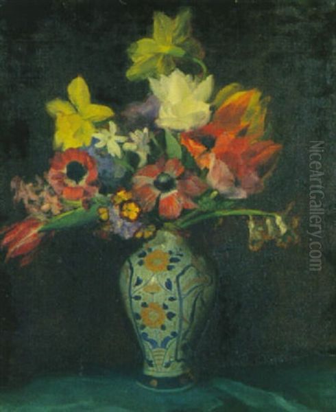 Blumenstilleben Mit Chinesischer Vase Auf Grunem Tuch Oil Painting by Rudolph Jelinek