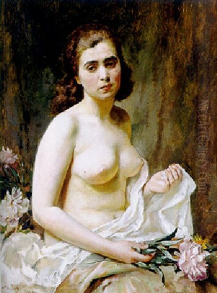 Halbfigurlicher Akt Einer Jungen Frau Mit Pfingstrosen Oil Painting by Rudolph Jelinek