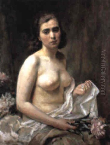 Portrait Of A Female Nude Holding Flowers Oil Painting by Rudolph Jelinek