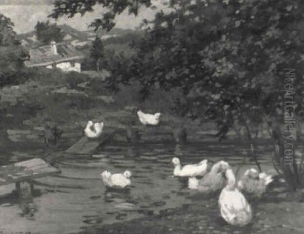 Ducks In A Pond Oil Painting by Rudolph Jelinek