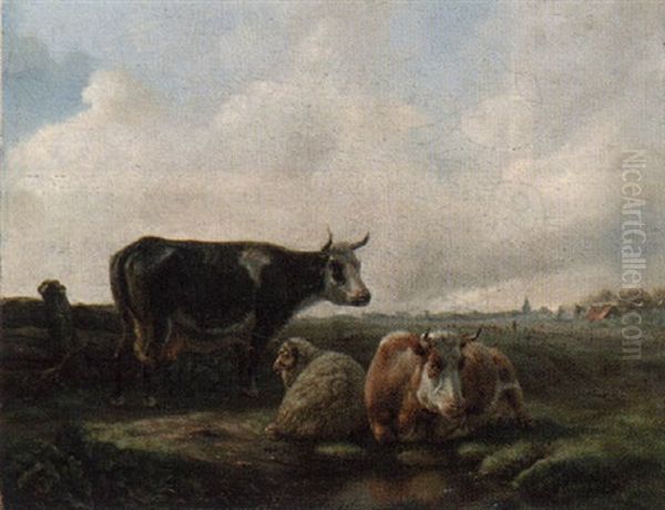 Landscape With Cows And A Sheep Oil Painting by Hendrikus Johannes Jelink