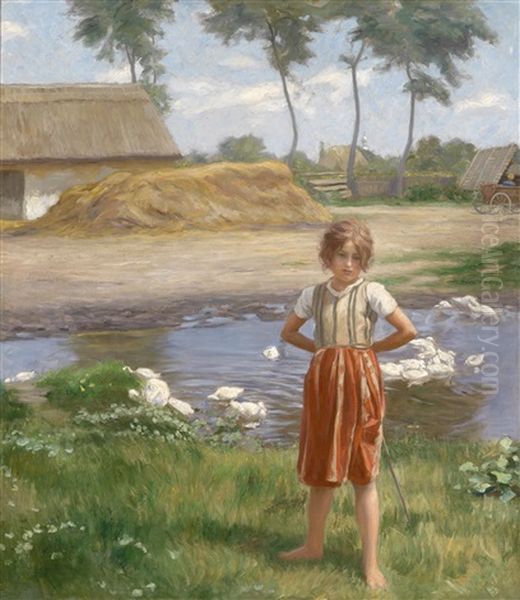 Die Kleine Gansehirtin Oil Painting by Jenoe Jendrassik