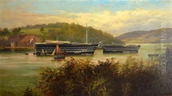 Moored Sailing Vessels Signed Oil Painting by George Henry Jenkins