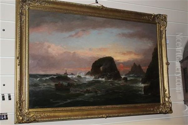 Coastal Landscape With Lighthouse And Wreckers Oil Painting by George Henry Jenkins