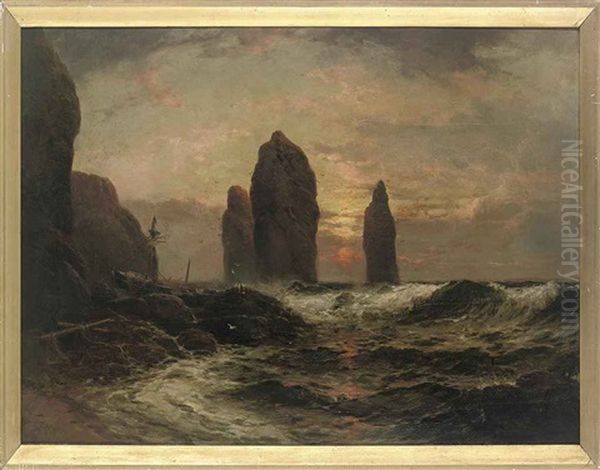 A Ship Aground On The Rocks At Low Tide Oil Painting by George Henry Jenkins