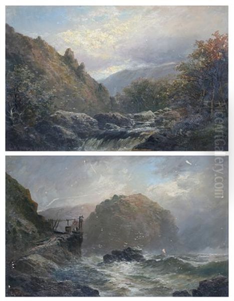 A Moorland River Landscape (+ Coastal Scene; Pair) Oil Painting by George Henry Jenkins