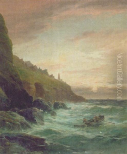 A Clifftop Lighthouse Oil Painting by George Henry Jenkins