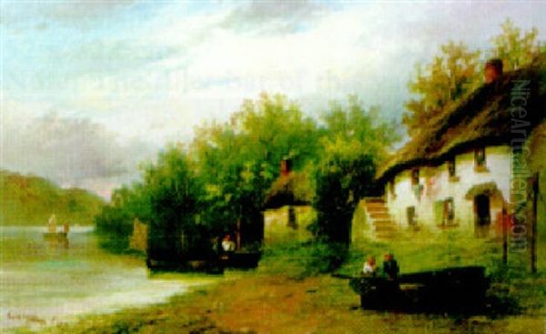 Fishermen's Cottages On The Banks Of The Dart Oil Painting by George Henry Jenkins