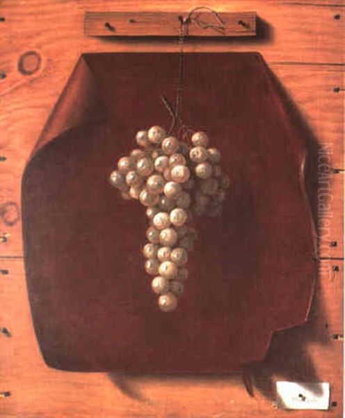 Green Grapes On Red Leather, A Trompe L'oeil Painting Oil Painting by Albert Jenks