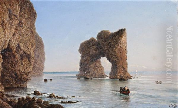 Coastal Scene With Cliffs, Rowboats And Arched Rock Oil Painting by Isaac Walter Jenner