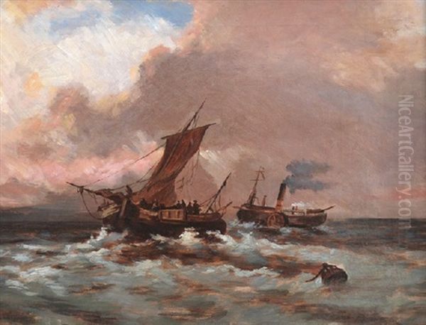 Paddle Streamer And Fishing Boat In Stormy Seas Oil Painting by Isaac Walter Jenner