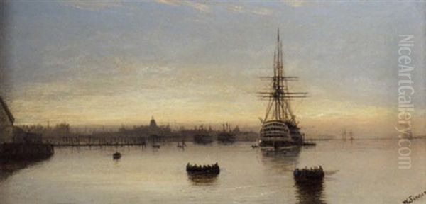 A Three-decker Lying At Anchor In The Harbour At Portsmouth, Sunrise Oil Painting by Isaac Walter Jenner