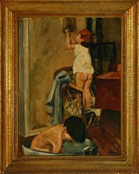 Interior With Bathing Boys Oil Painting by Christoffer Jennert