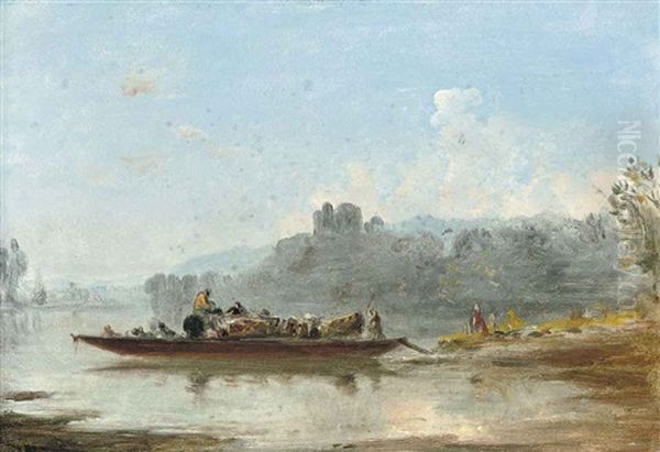 A River Landscape With Figures Loading A Barge In The Foreground Oil Painting by William George Jennings