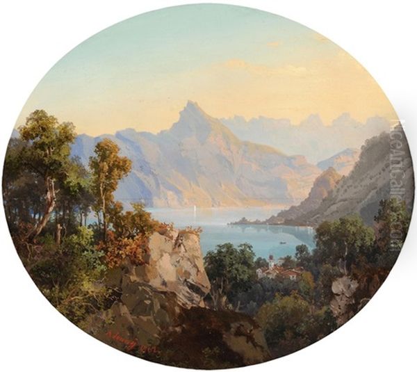 Bad Ragaz, Blick Von Der Burgruine Wartenstein Zur Burgruine Freudenfels (+ Blick Von Einer Anhohe Gegen Murg, Den Walensee Und Die Churfirsten; Pair) Oil Painting by Arnold Albert Jenny